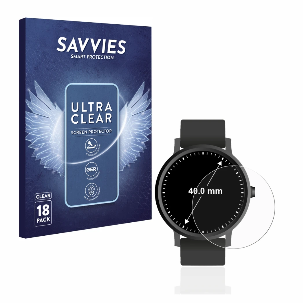 Front side of a product packaging with the brand logo Savvies. Next to it is the device Watches (Circular, ø: 40 mm) shown wit