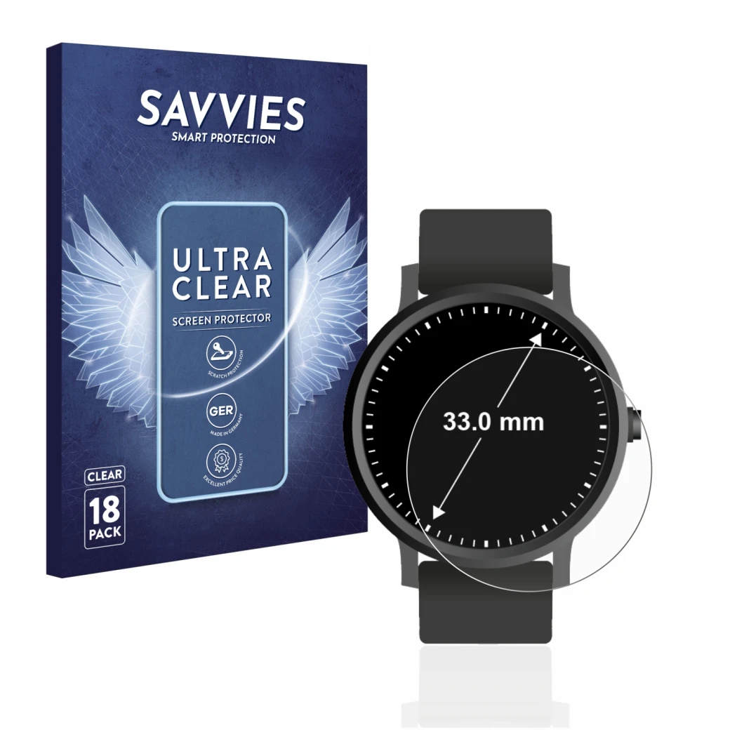 Front side of a product packaging with the brand logo Savvies. Next to it is the device Watches (Circular, ø: 33 mm) shown wit