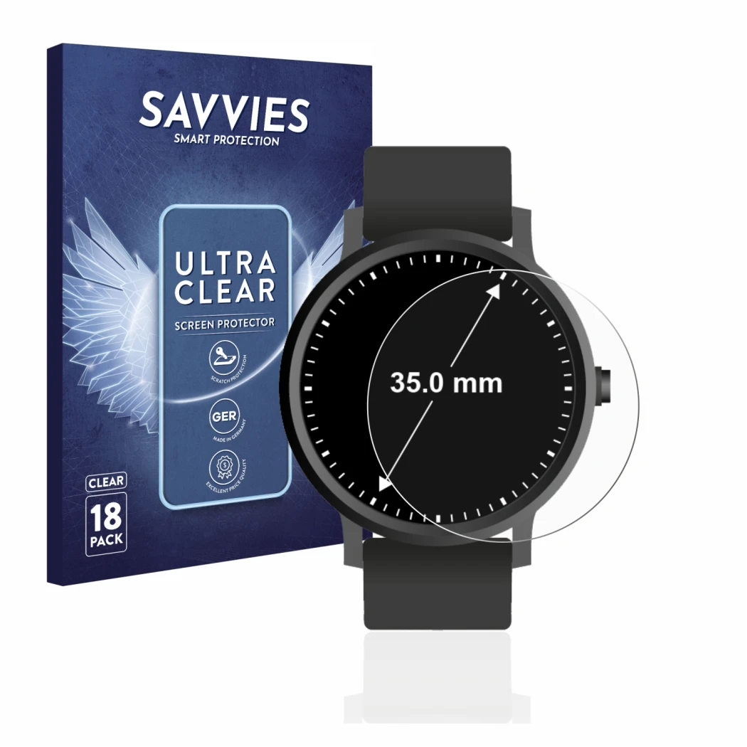 Front side of a product packaging with the brand logo Savvies. Next to it is the device Watches (Circular, ø: 35 mm) shown wit
