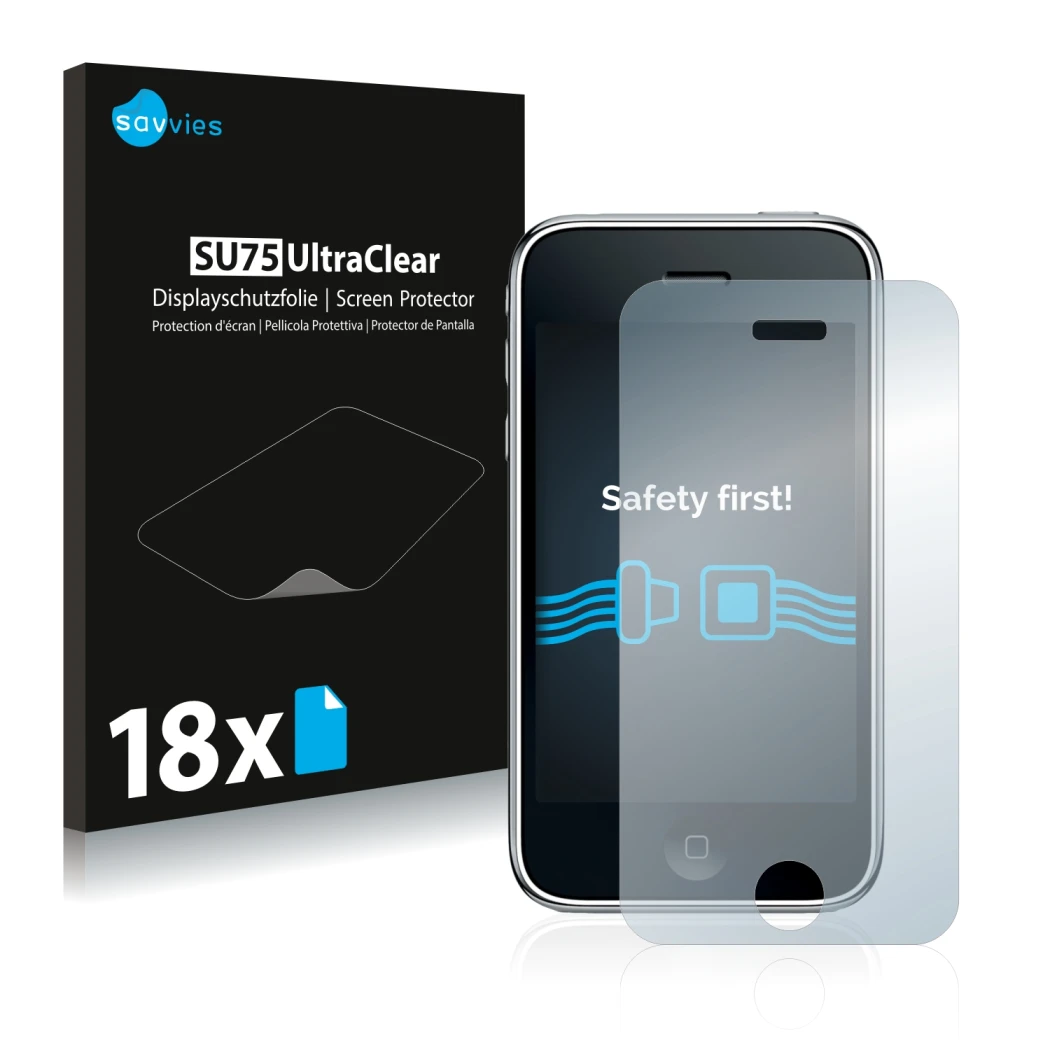 Front side of a product packaging with the brand logo Savvies. Next to it is the device Apple iPhone 3GS shown with the corres