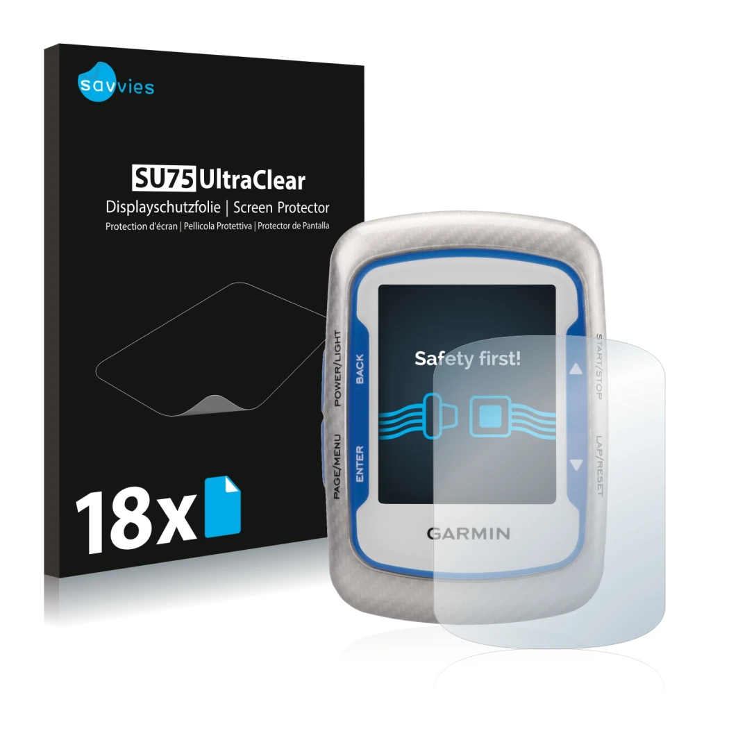 Front side of a product packaging with the brand logo Savvies. Next to it is the device Garmin Edge 500 shown with the corresp