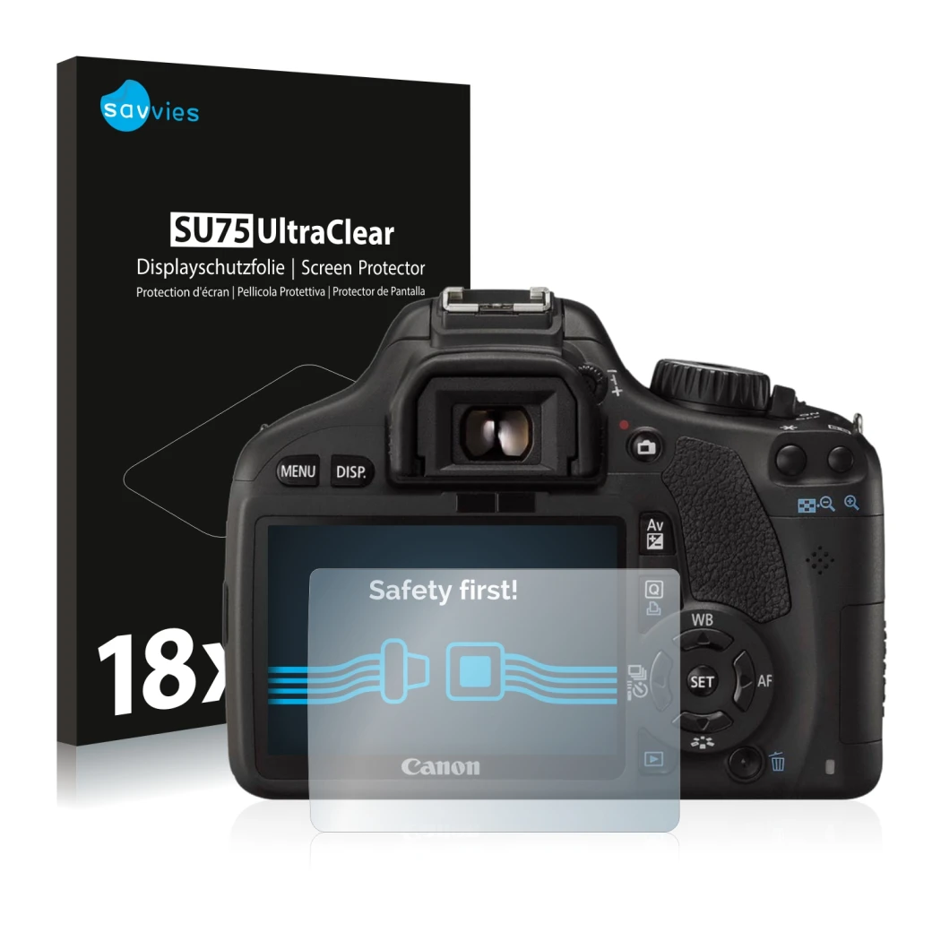 Front side of a product packaging with the brand logo Savvies. Next to it is the device Canon EOS 550D shown with the correspo