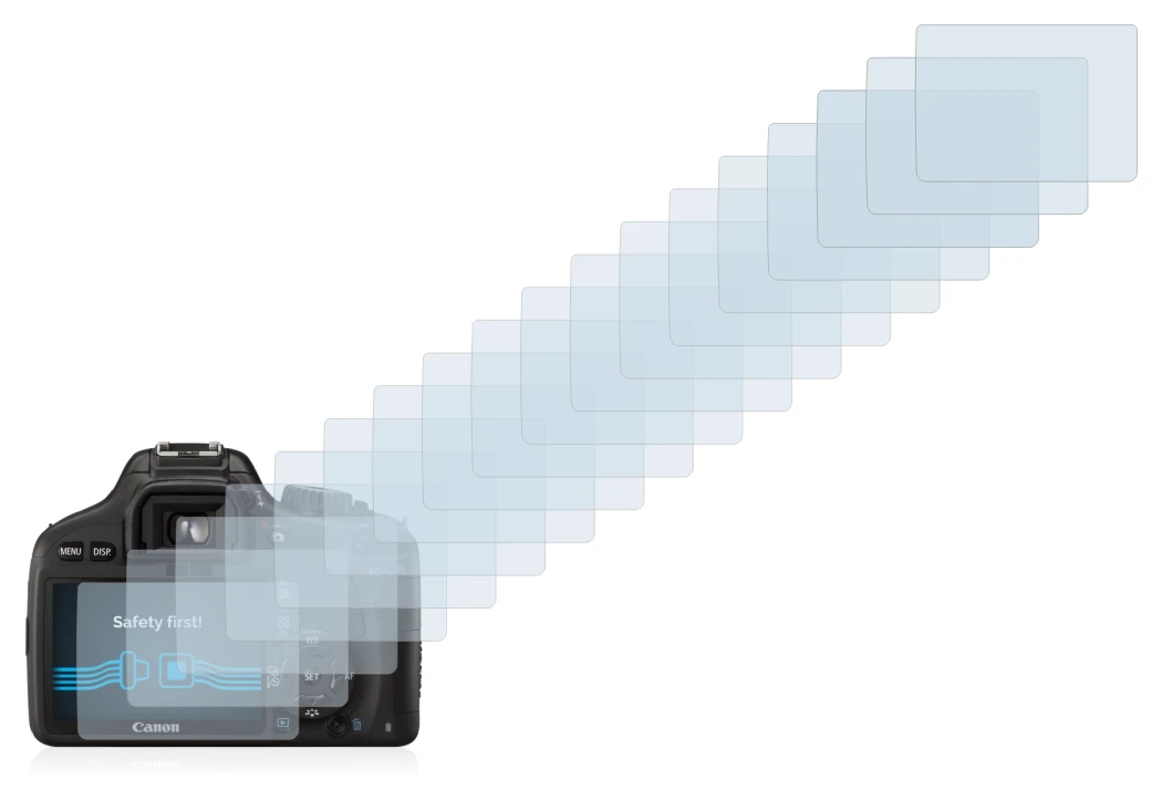 Image of the device Canon EOS 550D with a wide variety of screen protectors.