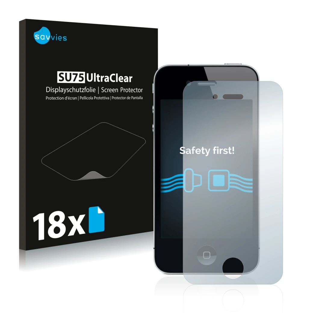 Front side of a product packaging with the brand logo Savvies. Next to it is the device Apple iPhone 4 shown with the correspo