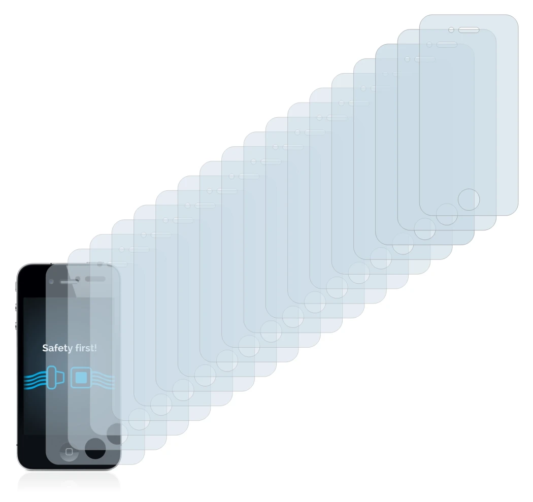 Image of the device Apple iPhone 4 with a wide variety of screen protectors.