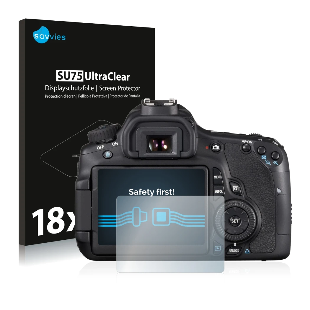 Front side of a product packaging with the brand logo Savvies. Next to it is the device Canon EOS 60D shown with the correspon