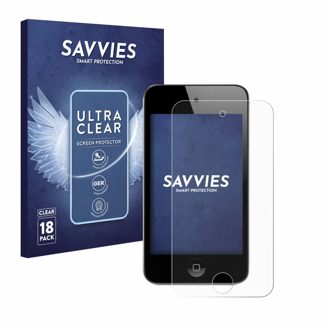 Front side of a product packaging with the brand logo Savvies. Next to it is the device Apple iPod Touch (4th Gen.) shown with