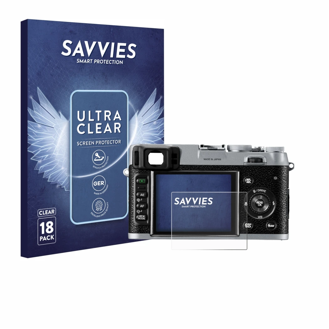 Front side of a product packaging with the brand logo Savvies. Next to it is the device Fujifilm FinePix X100 shown with the c