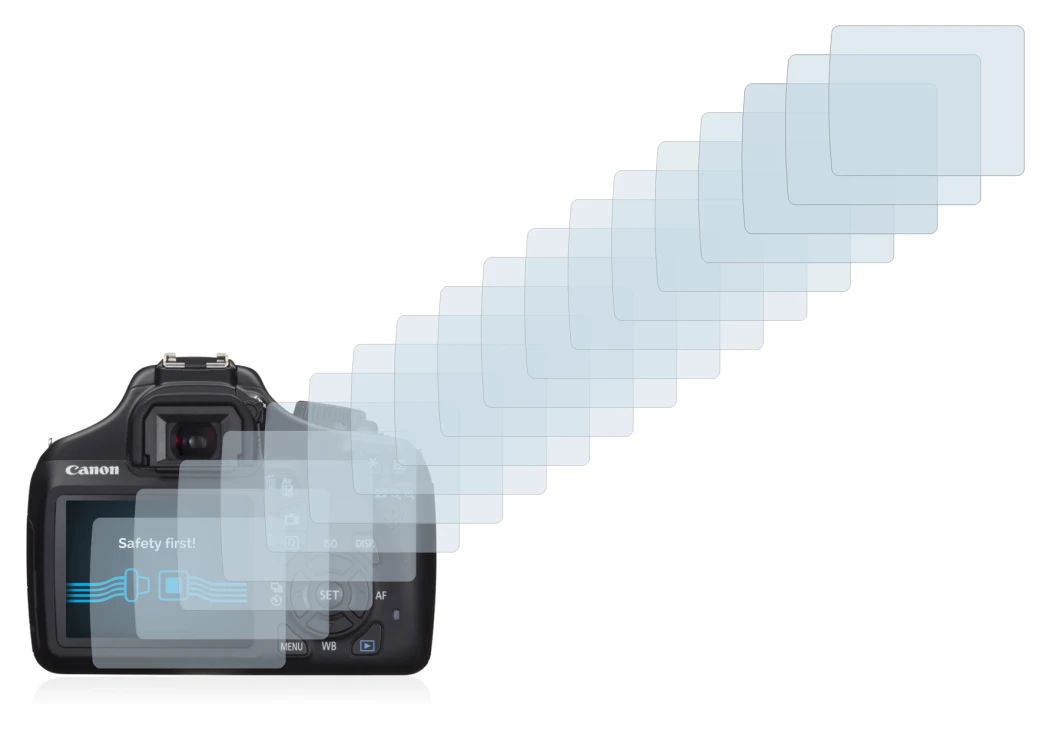 Image of the device Canon EOS 1100D with a wide variety of screen protectors.