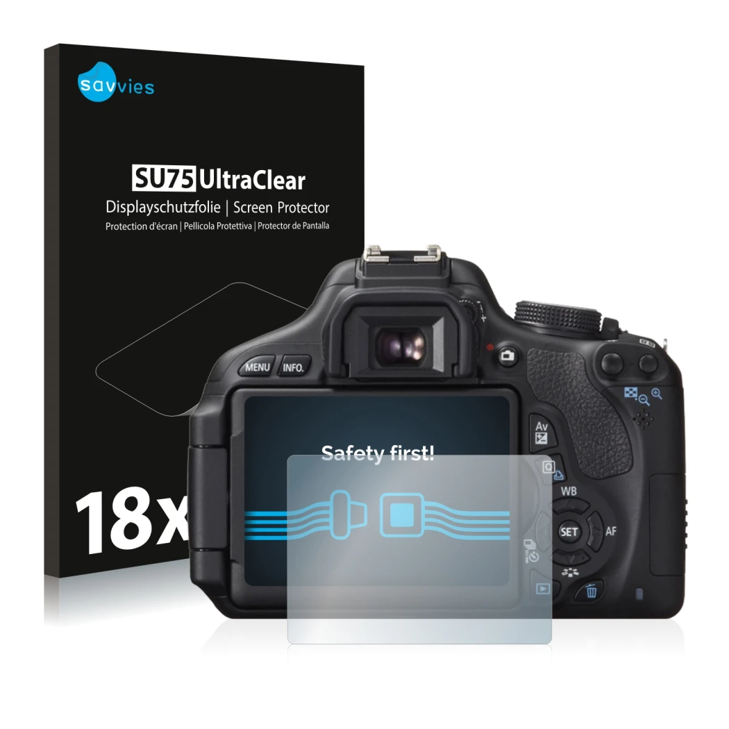 Front side of a product packaging with the brand logo Savvies. Next to it is the device Canon EOS 600D shown with the correspo