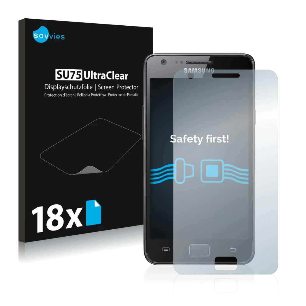 Front side of a product packaging with the brand logo Savvies. Next to it is the device Samsung Galaxy S2 shown with the corre