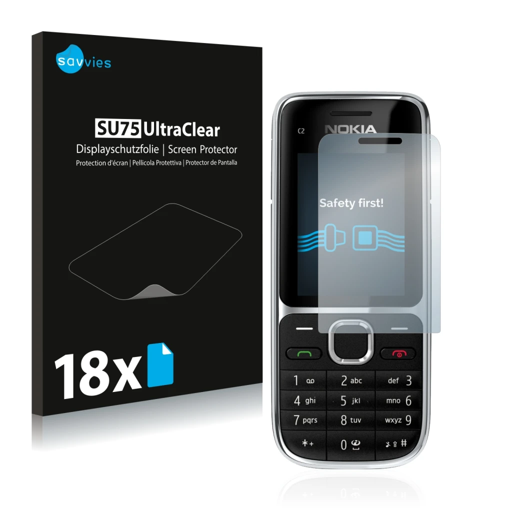 Front side of a product packaging with the brand logo Savvies. Next to it is the device Nokia C2-01 shown with the correspondi