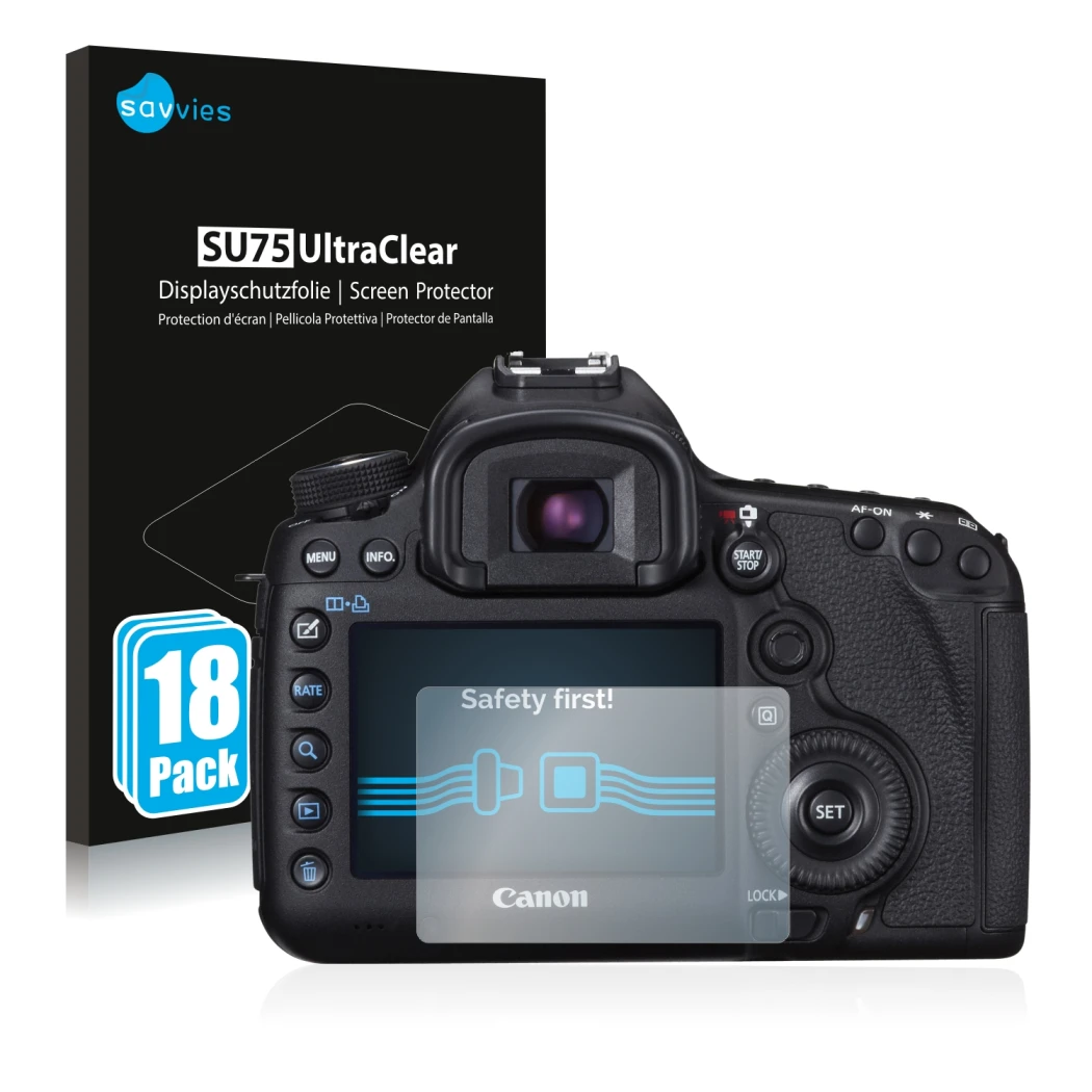 Front side of a product packaging with the brand logo Savvies. Next to it is the device Canon EOS 5D Mark III shown with the c