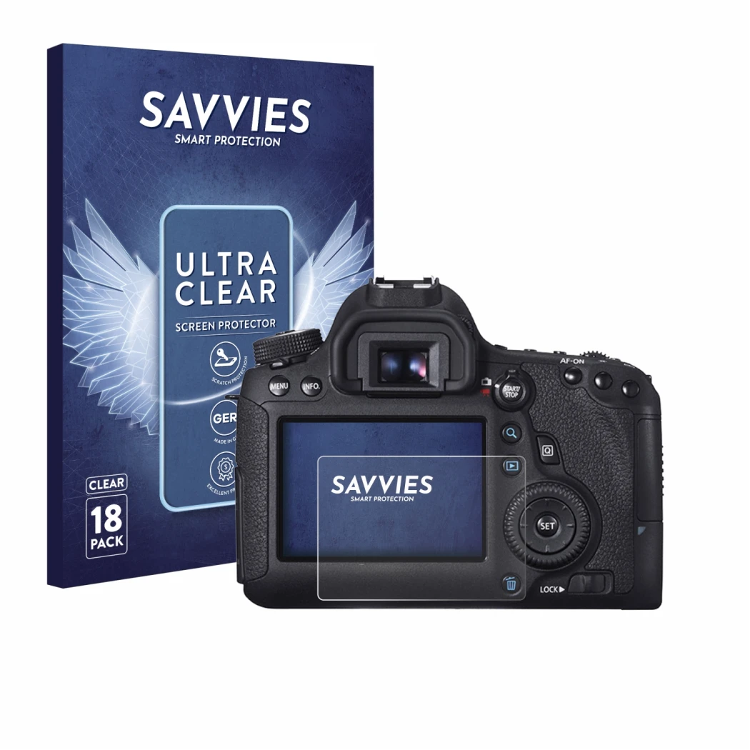 Front side of a product packaging with the brand logo Savvies. Next to it is the device Canon EOS 6D shown with the correspond