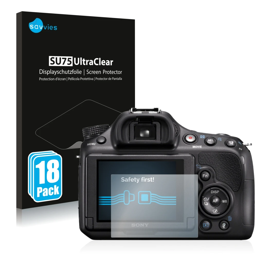 Front side of a product packaging with the brand logo Savvies. Next to it is the device Sony Alpha 58 (SLT-A58) shown with the
