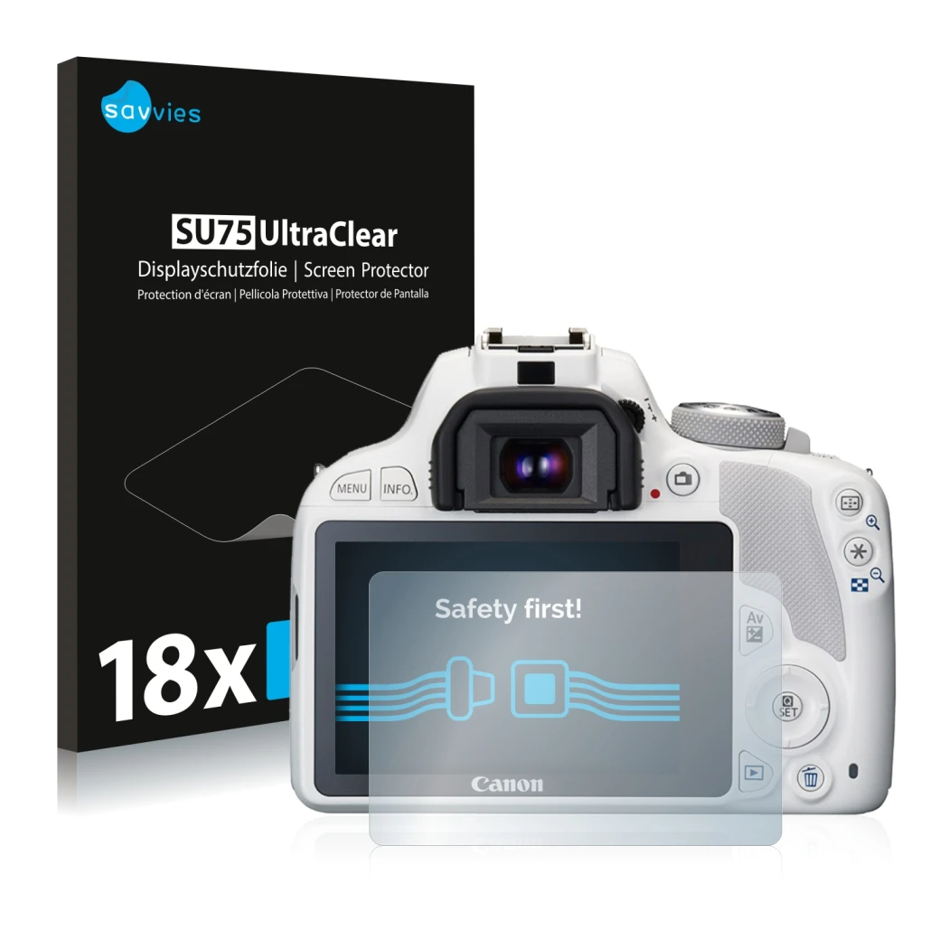 Front side of a product packaging with the brand logo Savvies. Next to it is the device Canon EOS 100D shown with the correspo