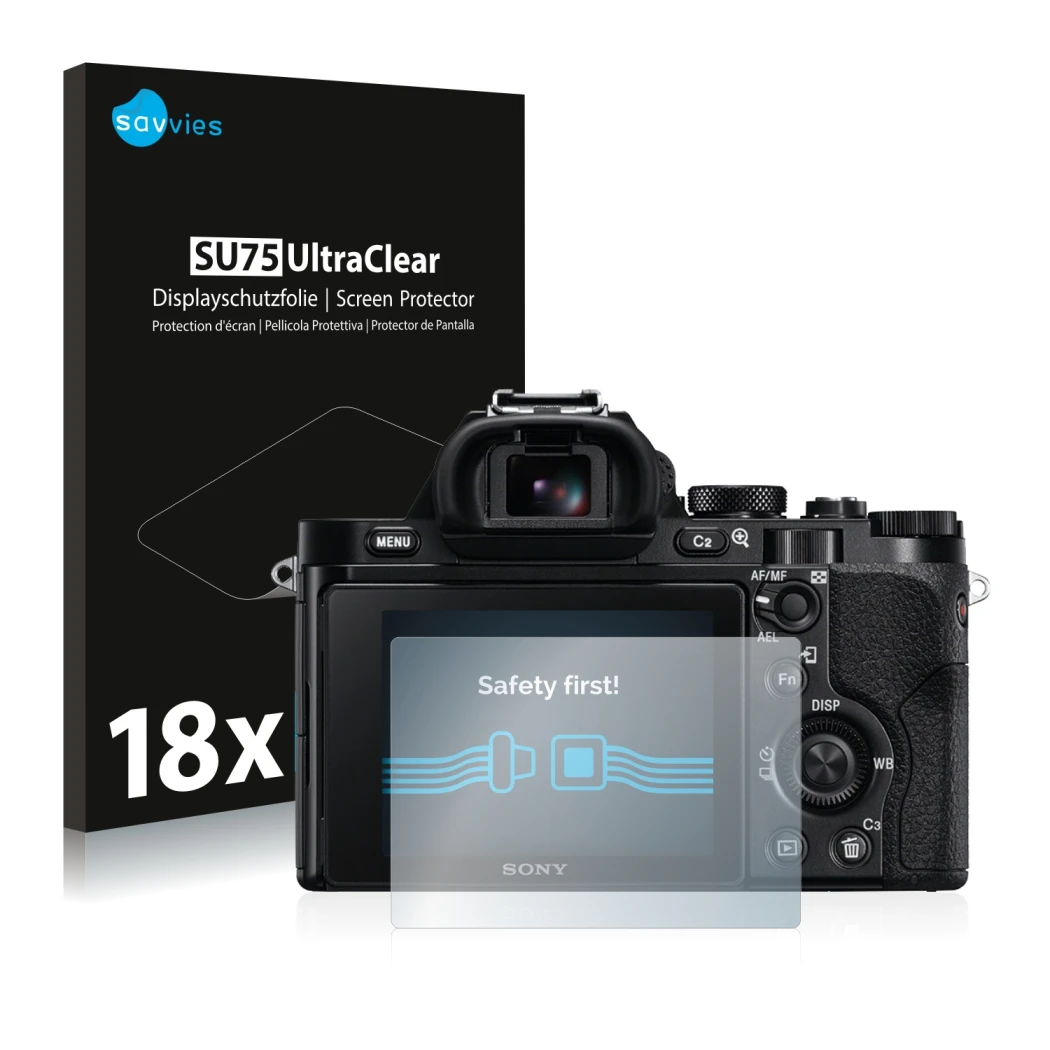 Front side of a product packaging with the brand logo Savvies. Next to it is the device Sony Alpha 7 (ILCE-7) shown with the c