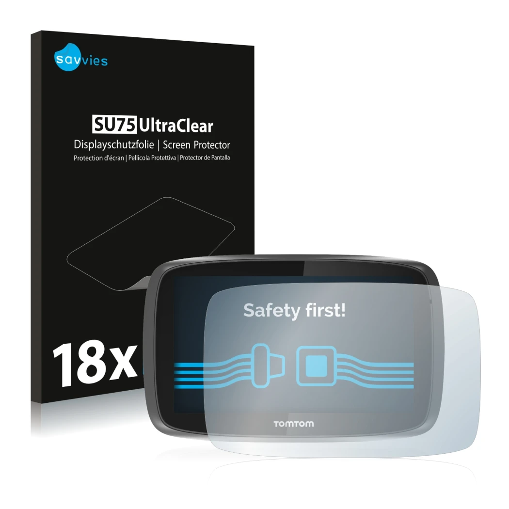 Front side of a product packaging with the brand logo Savvies. Next to it is the device TomTom GO 5000 shown with the correspo