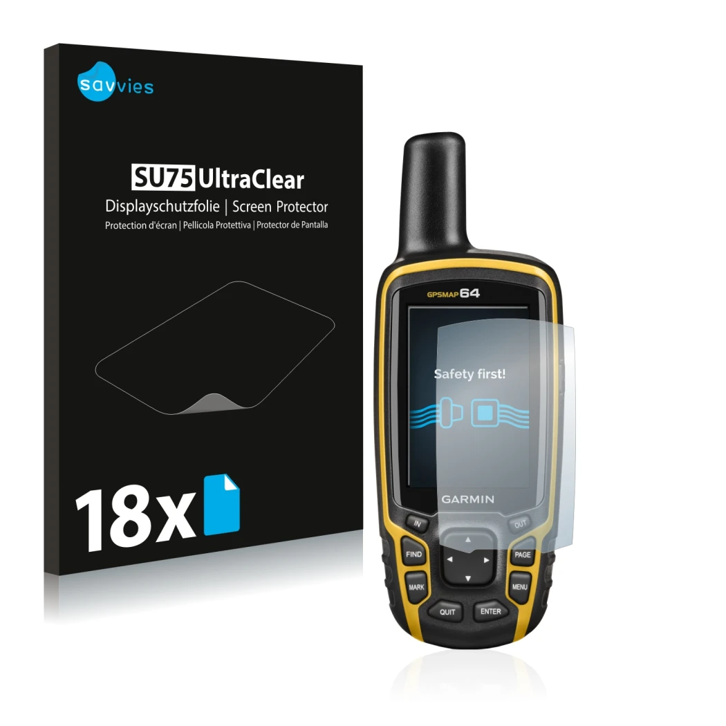 Front side of a product packaging with the brand logo Savvies. Next to it is the device Garmin GPSMAP 64 shown with the corres