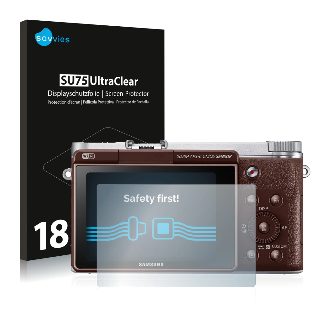 Front side of a product packaging with the brand logo Savvies. Next to it is the device Samsung NX3000 shown with the correspo