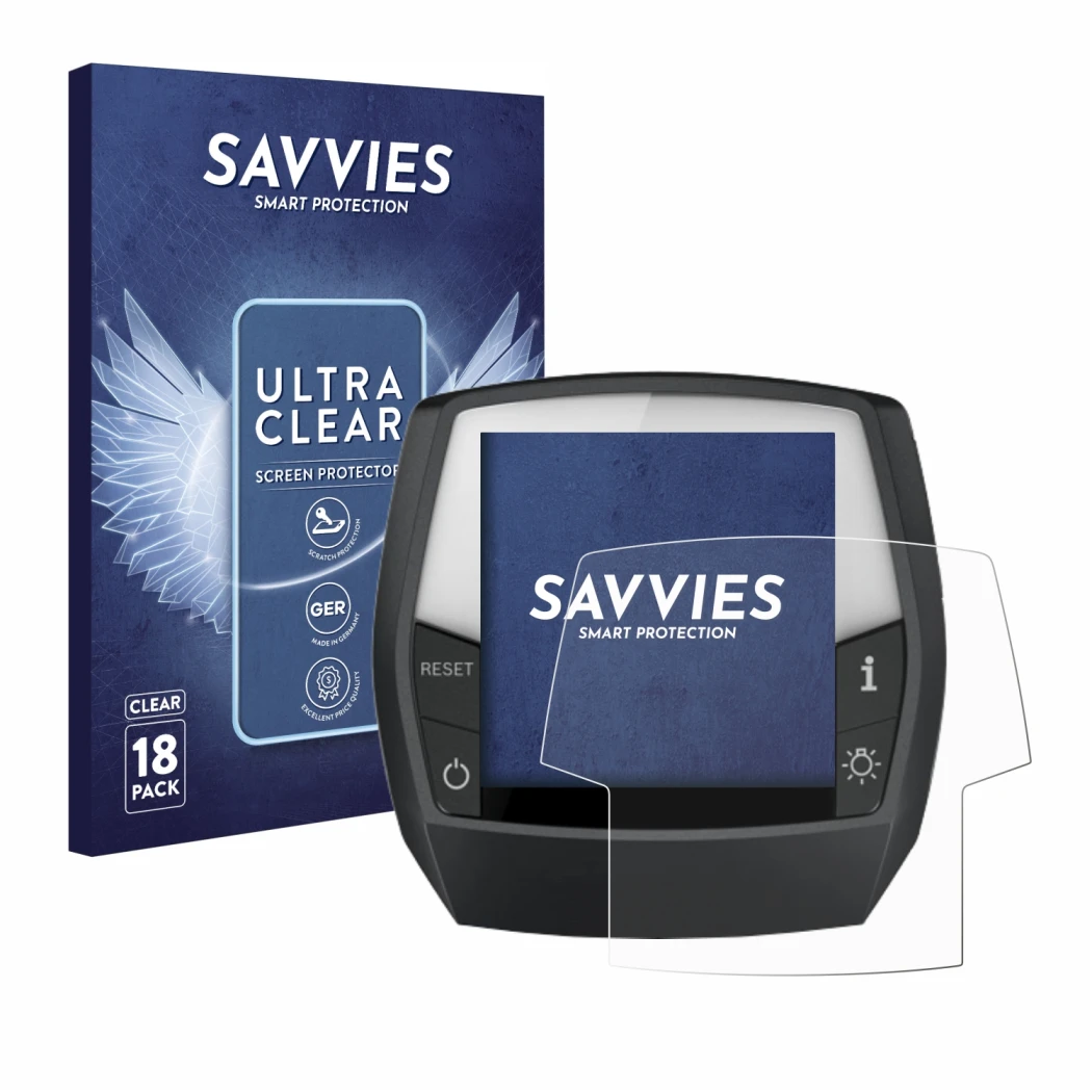 Front side of a product packaging with the brand logo Savvies. Next to it is the device Bosch Intuvia Active Line shown with t