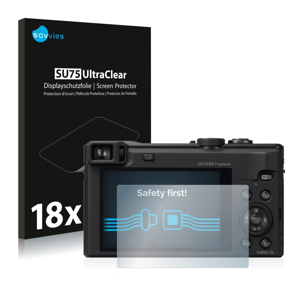 Front side of a product packaging with the brand logo Savvies. Next to it is the device Panasonic Lumix DMC-TZ60 shown with th