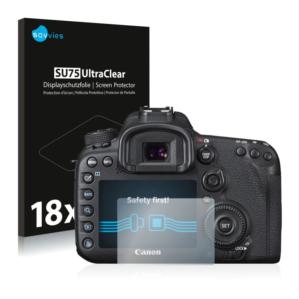 Front side of a product packaging with the brand logo Savvies. Next to it is the device Canon EOS 7D Mark II shown with the co