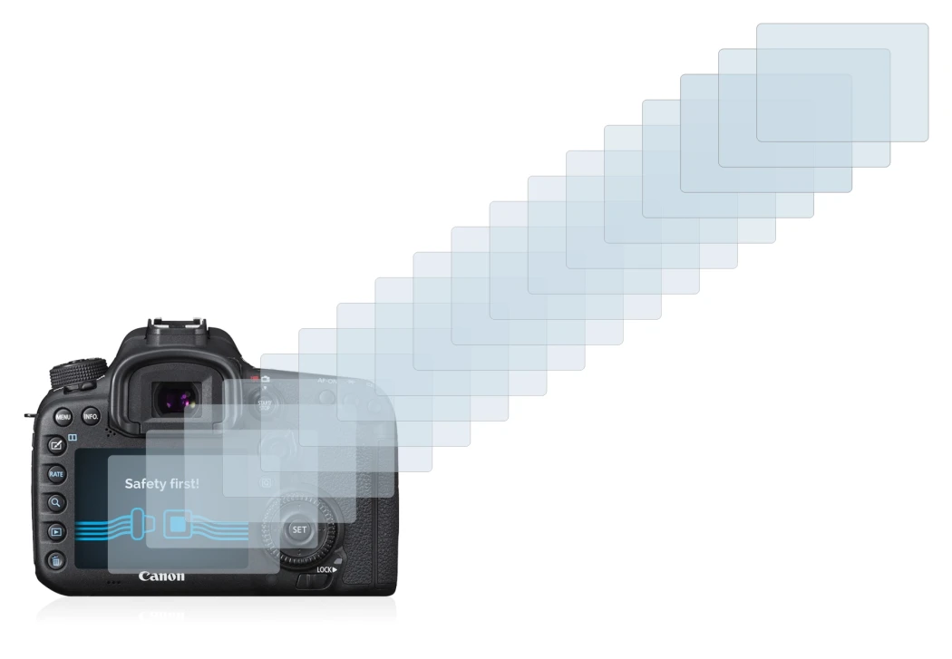 Image of the device Canon EOS 7D Mark II with a wide variety of screen protectors.