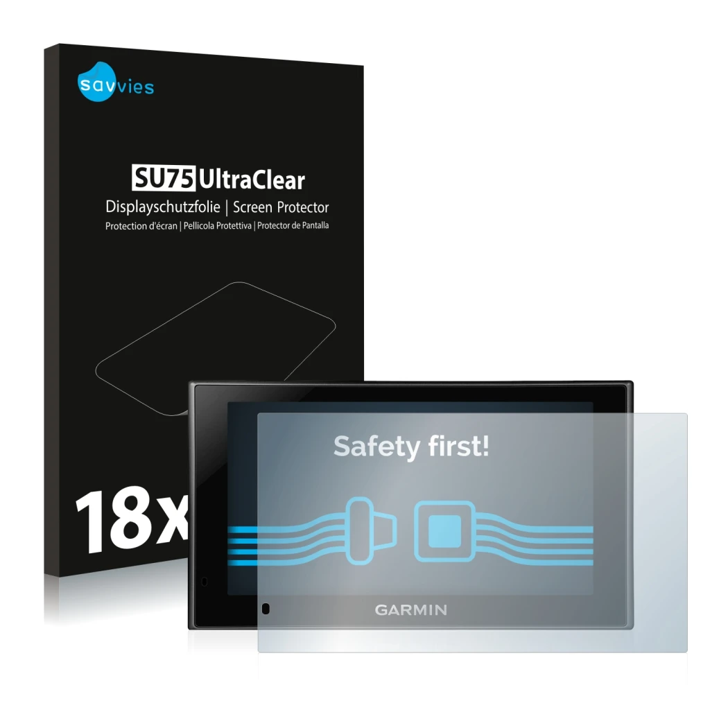 Front side of a product packaging with the brand logo Savvies. Next to it is the device Garmin nüvi 2599LMT-D shown with the c