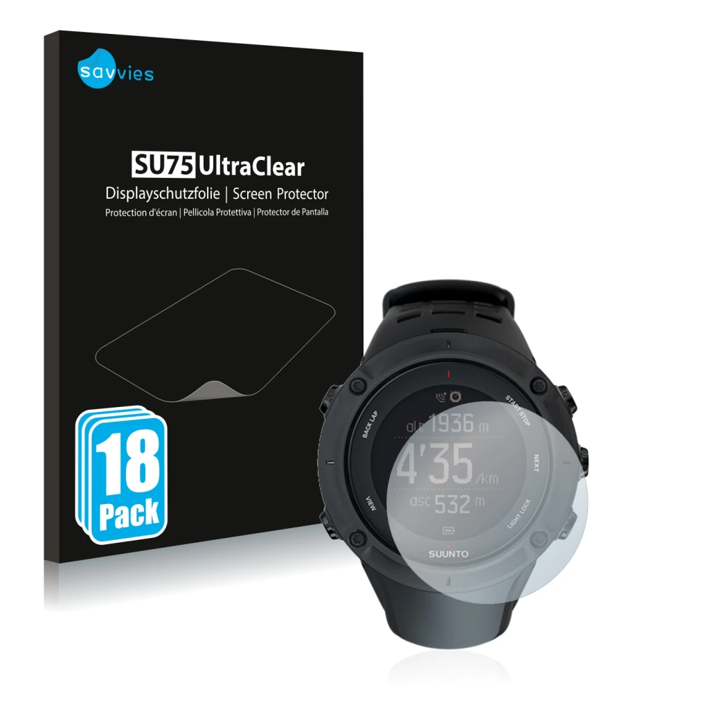 Front side of a product packaging with the brand logo Savvies. Next to it is the device Suunto Ambit3 Peak Black shown with th