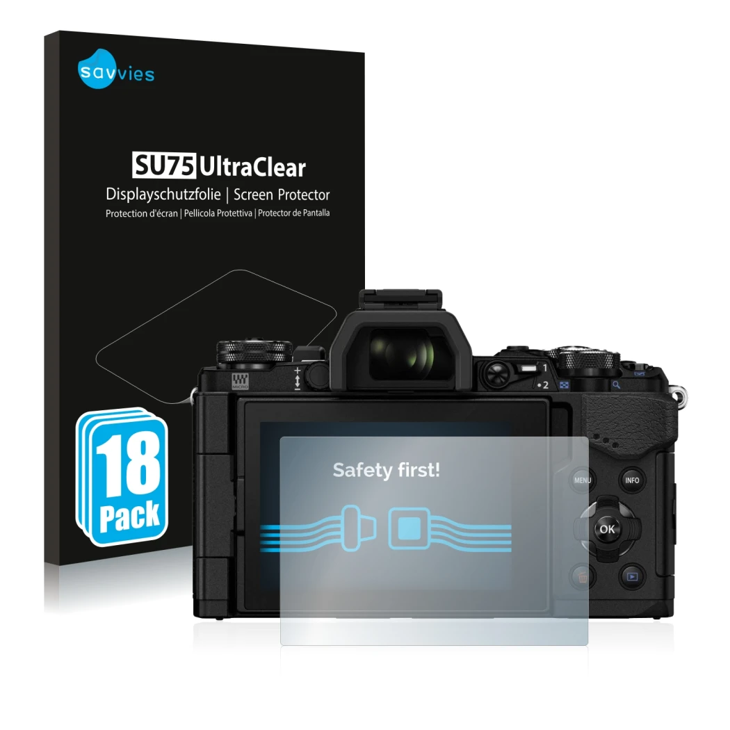 Front side of a product packaging with the brand logo Savvies. Next to it is the device Olympus OM-D E-M5 Mark II shown with t