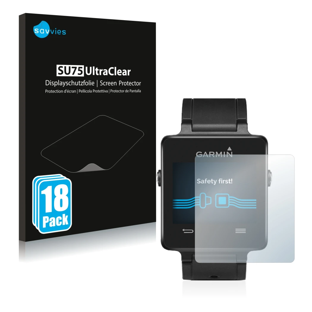 Front side of a product packaging with the brand logo Savvies. Next to it is the device Garmin vivoactive shown with the corre