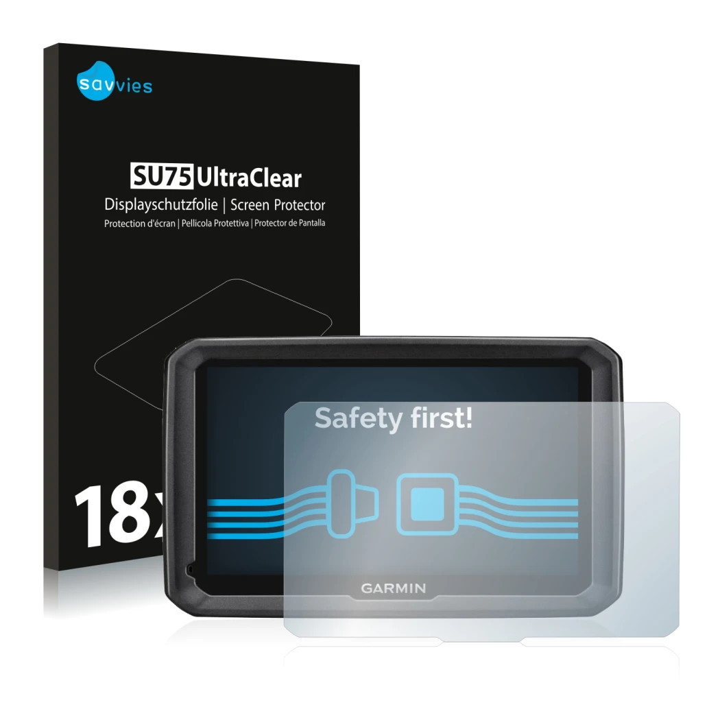 Front side of a product packaging with the brand logo Savvies. Next to it is the device Garmin dezl 770 LMT-D shown with the c