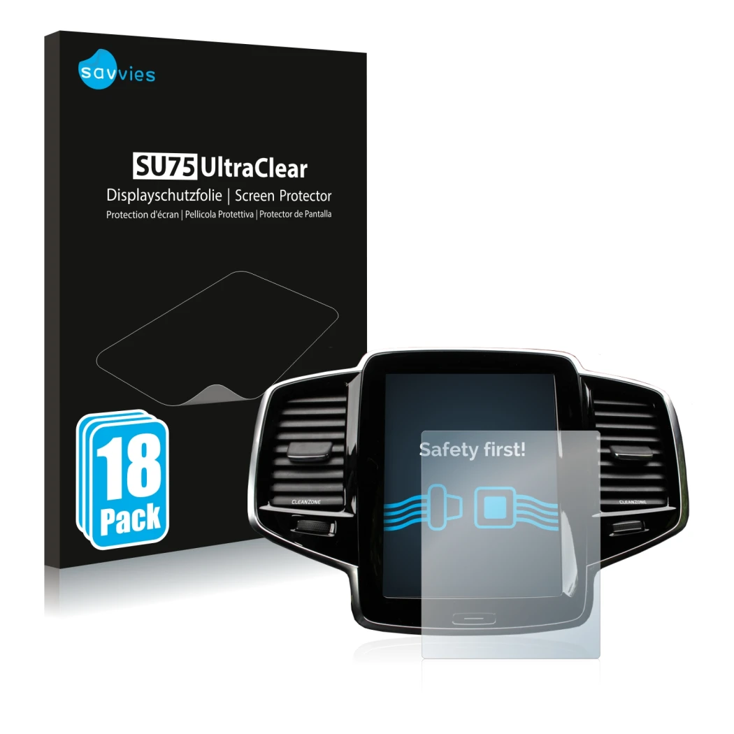 Front side of a product packaging with the brand logo Savvies. Next to it is the device Volvo XC90 Senus 2015-2017 shown with 