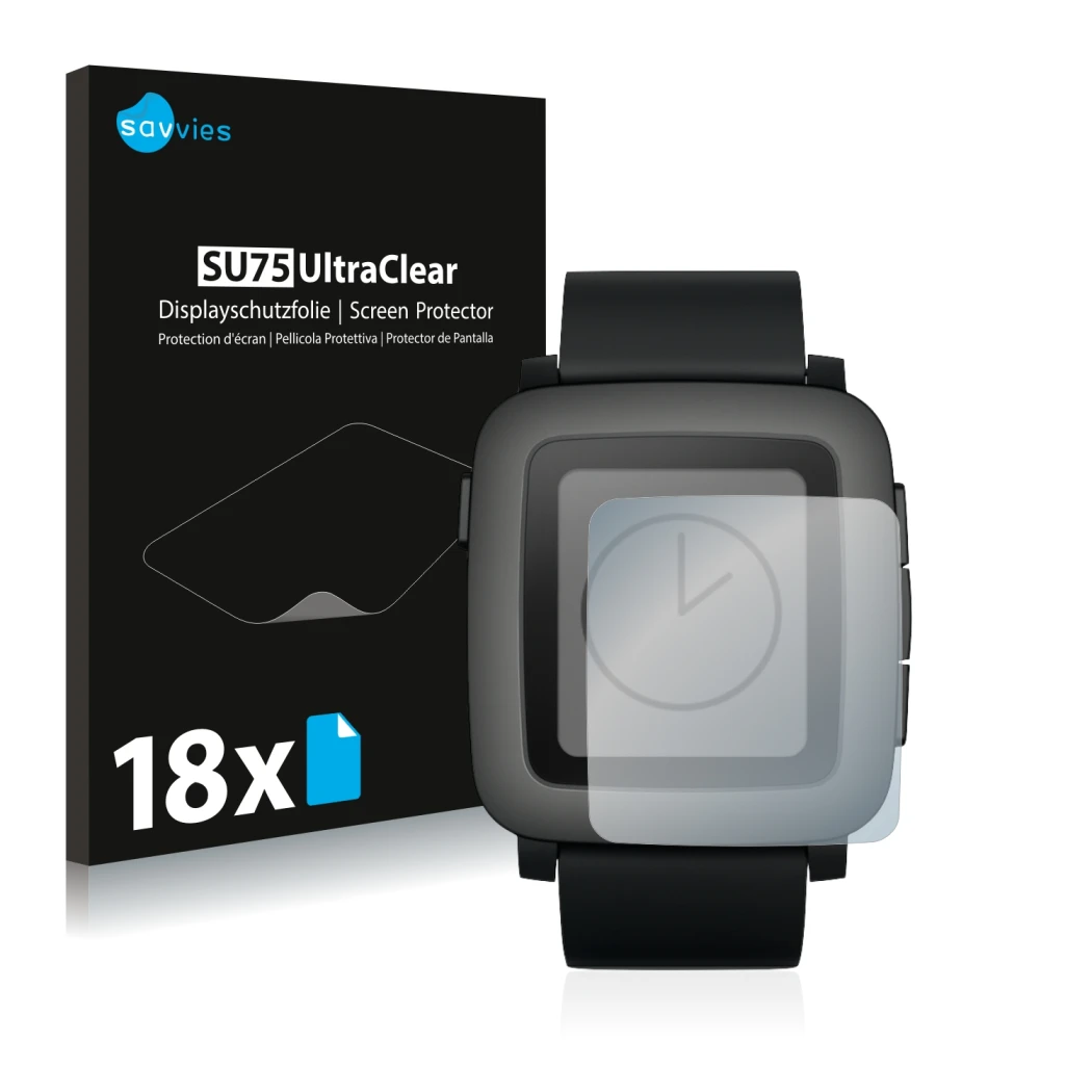 Front side of a product packaging with the brand logo Savvies. Next to it is the device Pebble Time shown with the correspondi