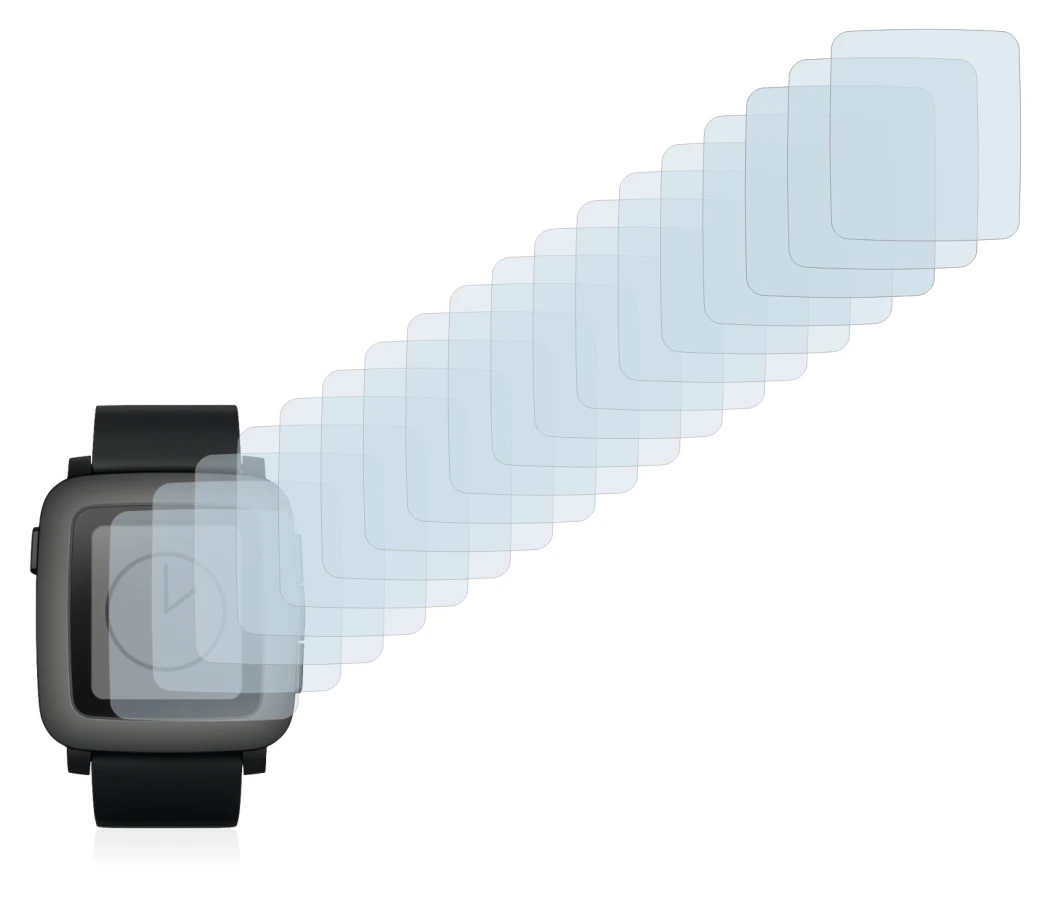 Image of the device Pebble Time with a wide variety of screen protectors.