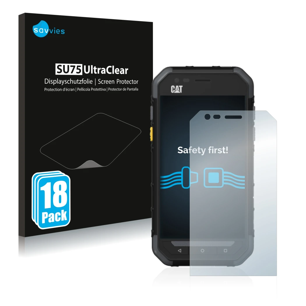 Front side of a product packaging with the brand logo Savvies. Next to it is the device Caterpillar Cat S30 shown with the cor