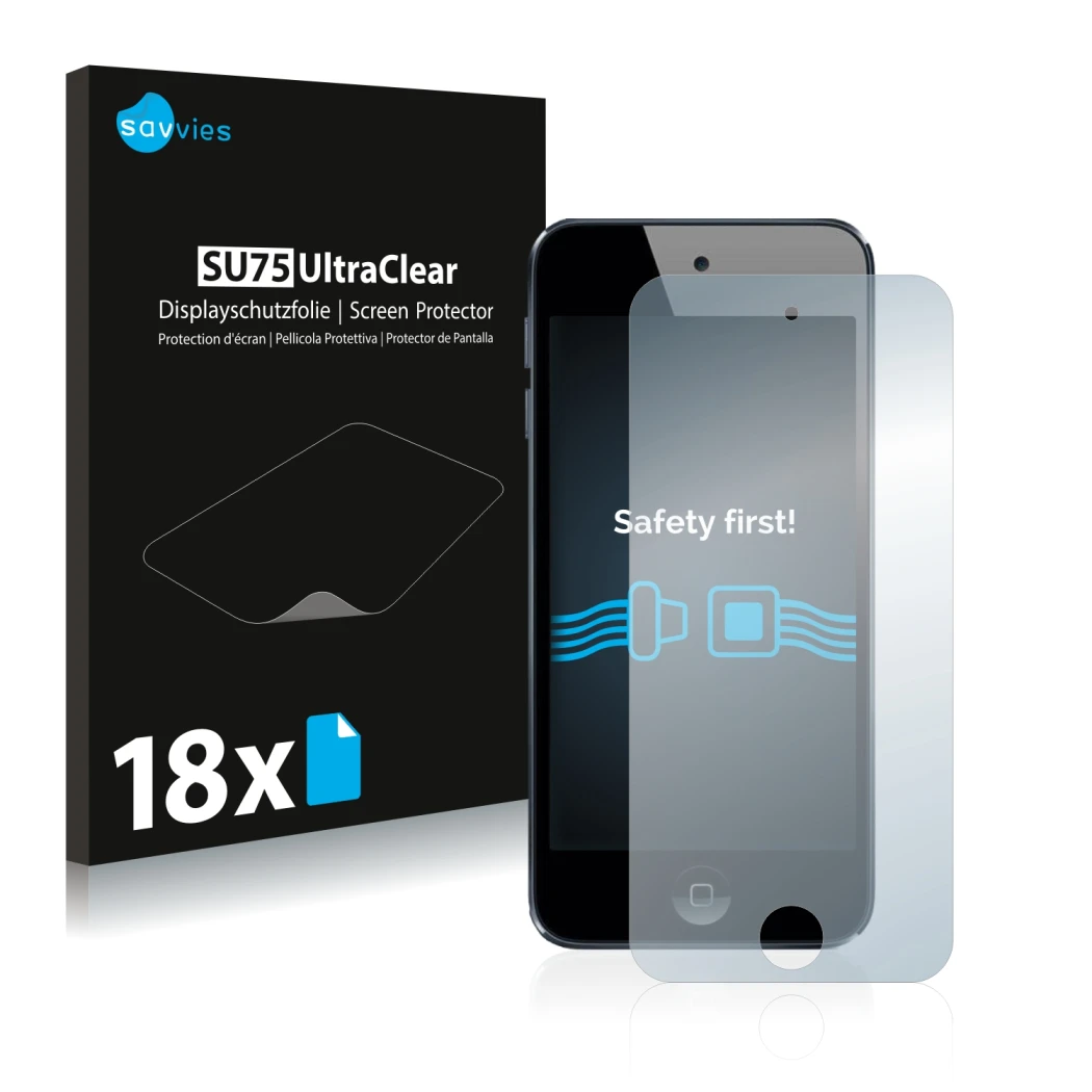 Front side of a product packaging with the brand logo Savvies. Next to it is the device Apple iPod Touch (6th. Gen.) shown wit