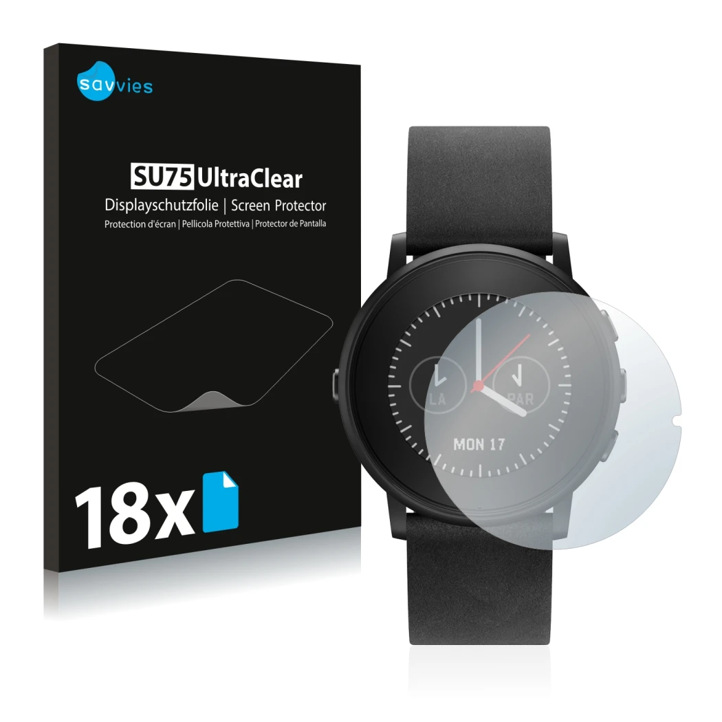 Front side of a product packaging with the brand logo Savvies. Next to it is the device Pebble Time Round shown with the corre