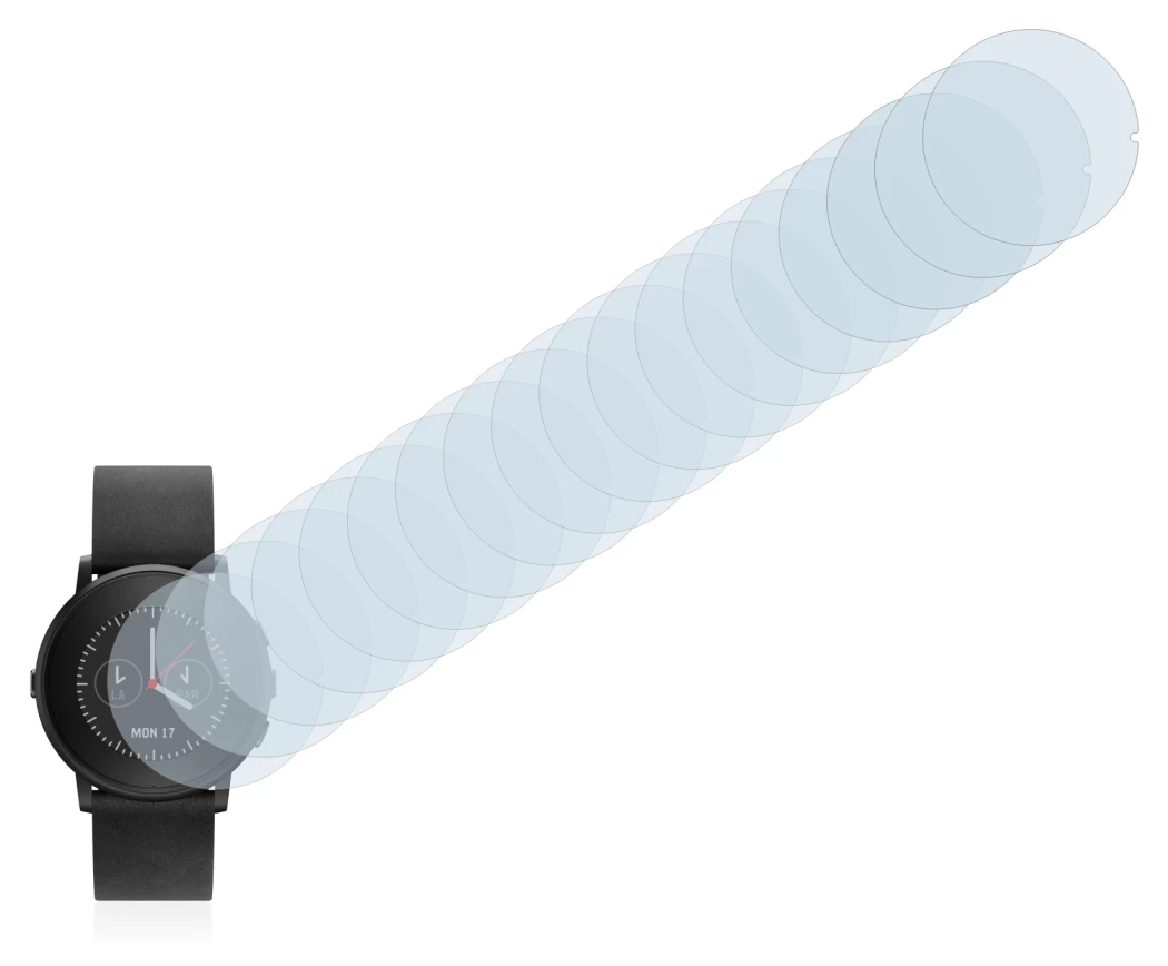 Image of the device Pebble Time Round with a wide variety of screen protectors.