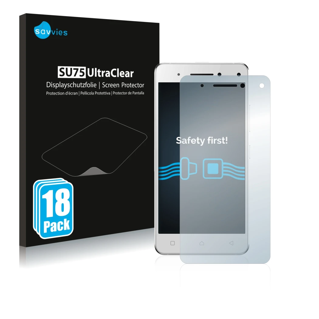 Front side of a product packaging with the brand logo Savvies. Next to it is the device Lenovo Vibe S1 shown with the correspo