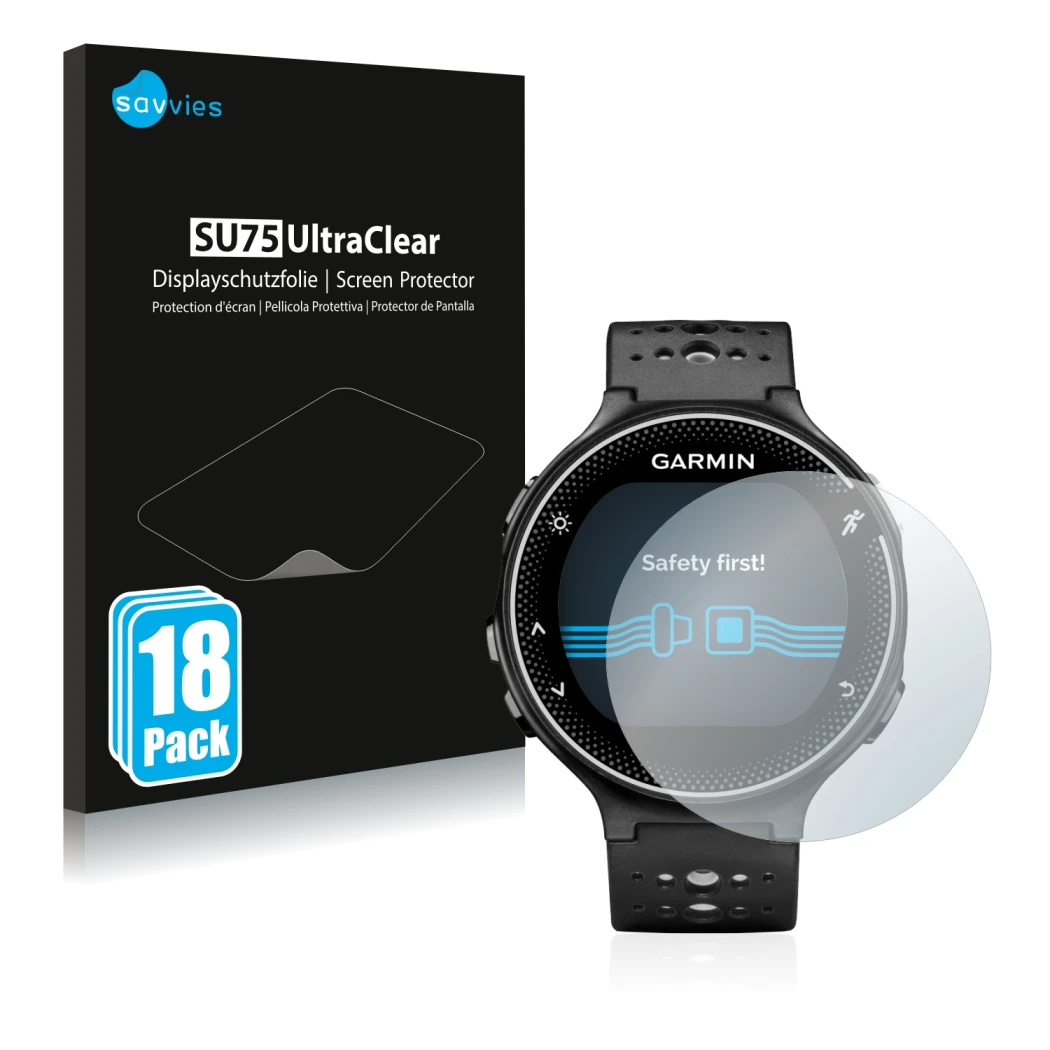 Front side of a product packaging with the brand logo Savvies. Next to it is the device Garmin Forerunner 230 shown with the c