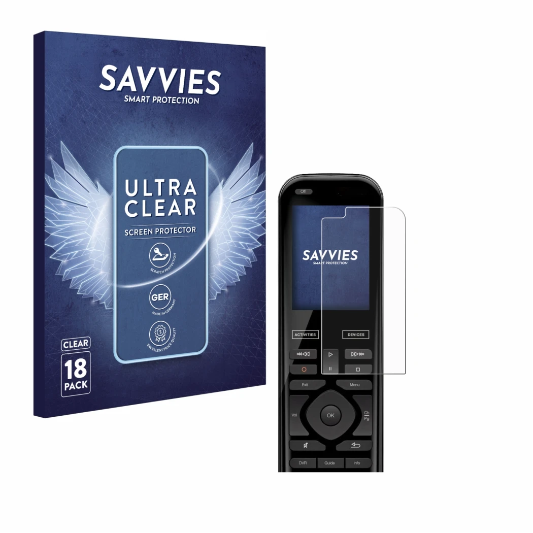 Front side of a product packaging with the brand logo Savvies. Next to it is the device Logitech Harmony 950 shown with the co