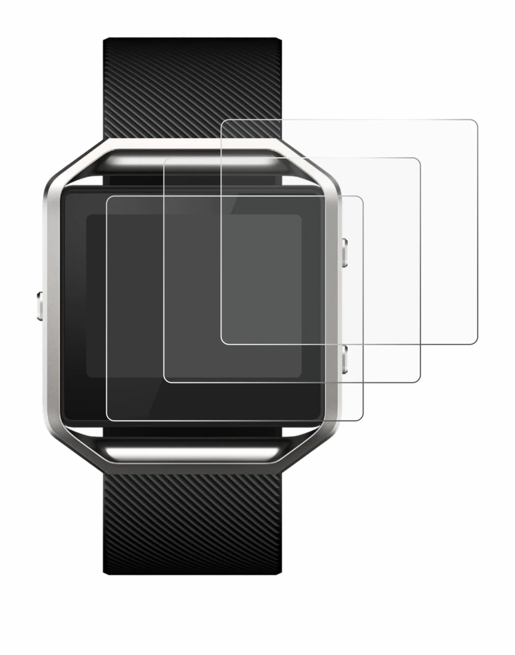 Image of the device Fitbit Blaze with a wide variety of screen protectors.