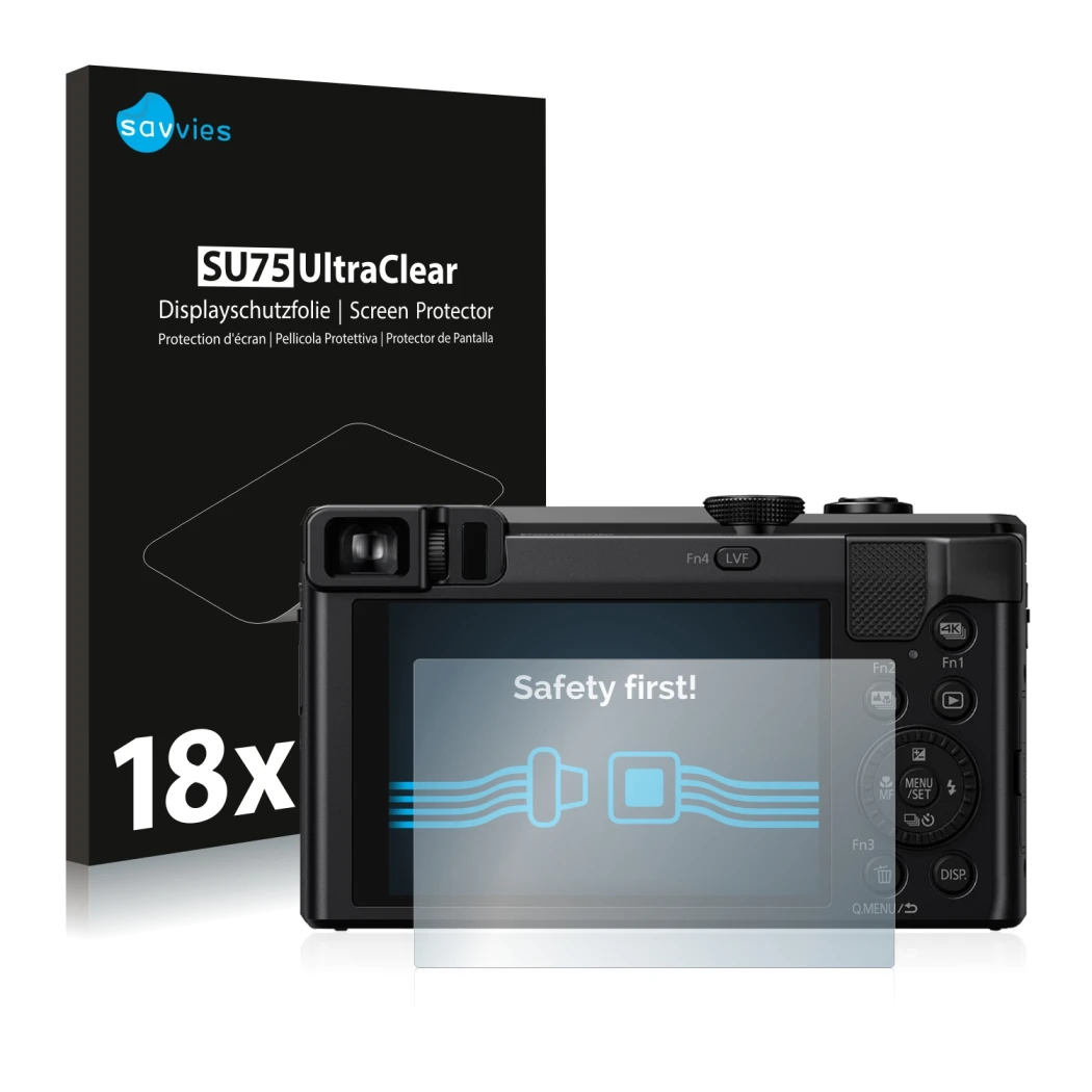 Front side of a product packaging with the brand logo Savvies. Next to it is the device Panasonic Lumix DMC-TZ81 shown with th