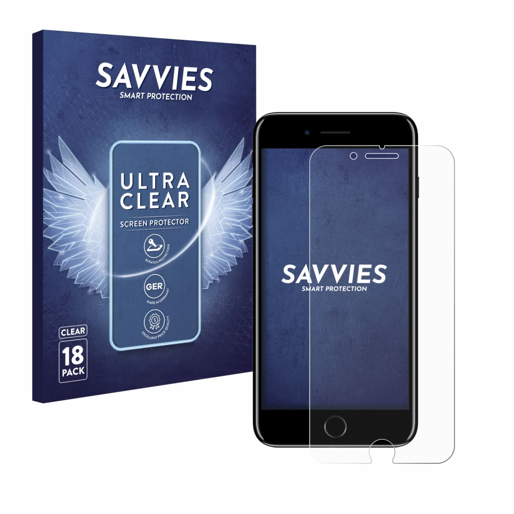 Front side of a product packaging with the brand logo Savvies. Next to it is the device Apple iPhone 7 Plus shown with the cor