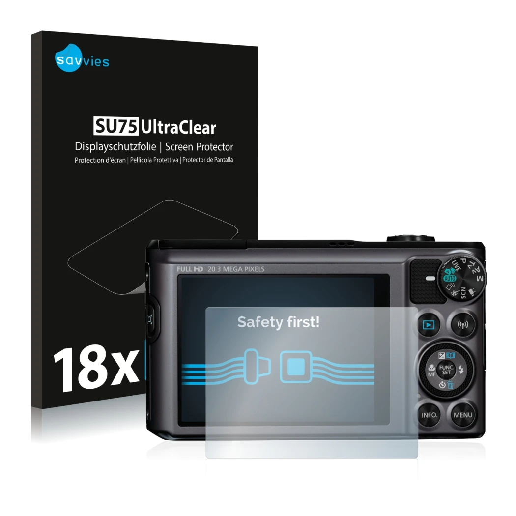 Front side of a product packaging with the brand logo Savvies. Next to it is the device Canon PowerShot SX720 HS shown with th