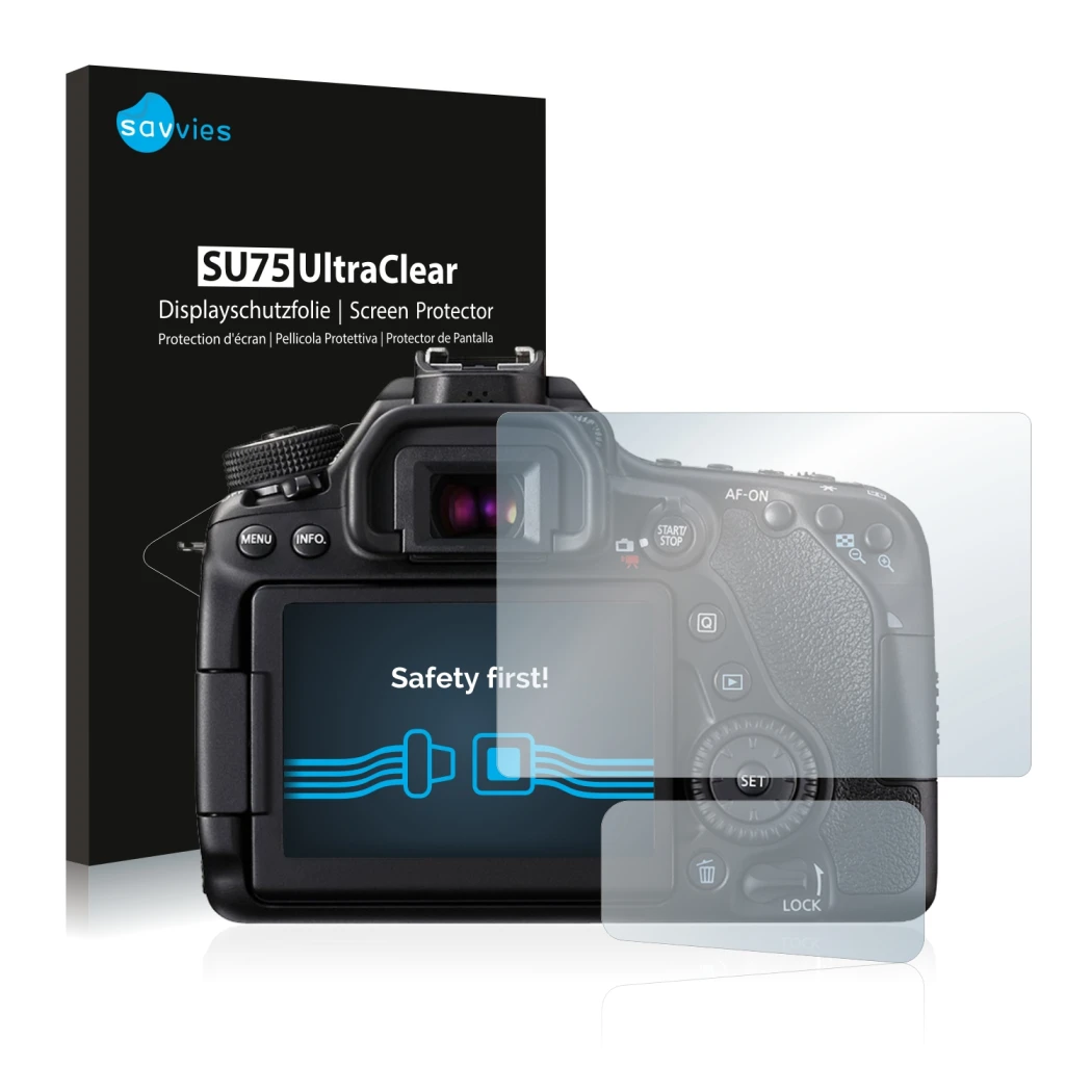 Front side of a product packaging with the brand logo Savvies. Next to it is the device Canon EOS 80D shown with the correspon