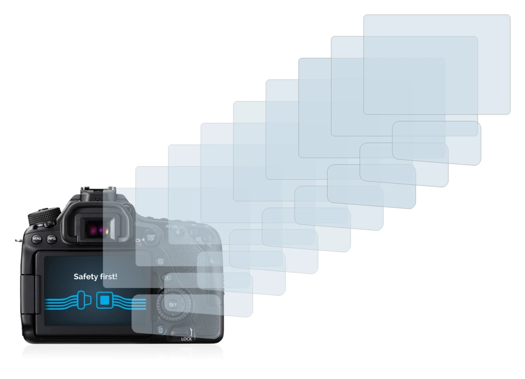 Image of the device Canon EOS 80D with a wide variety of screen protectors.