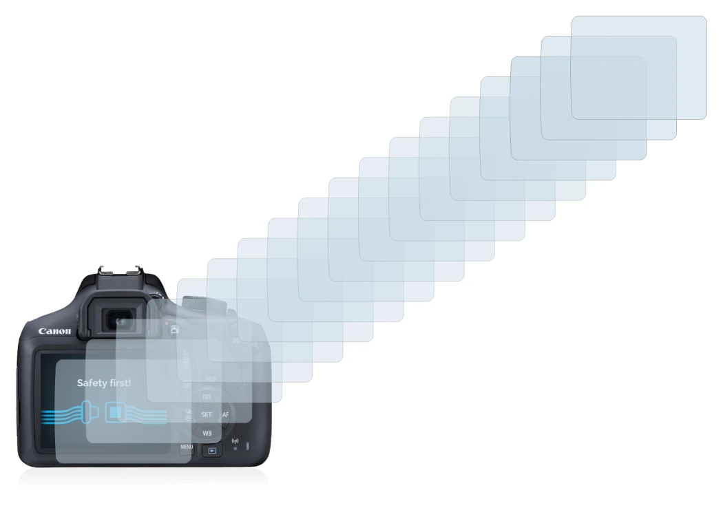 Image of the device Canon EOS 1300D with a wide variety of screen protectors.